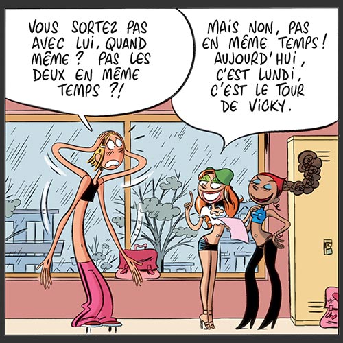Vous sortez pas avec lui, quand même ? Pas les deux en m^me temps ?! Mais non, pas en m^me temps ! Aujourd'hui, c'est lundi, c'est le tour de Vicky.